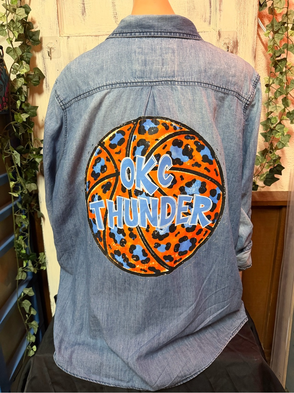 Upcycled OKC Thunder Painted Basketball Denim Shirt